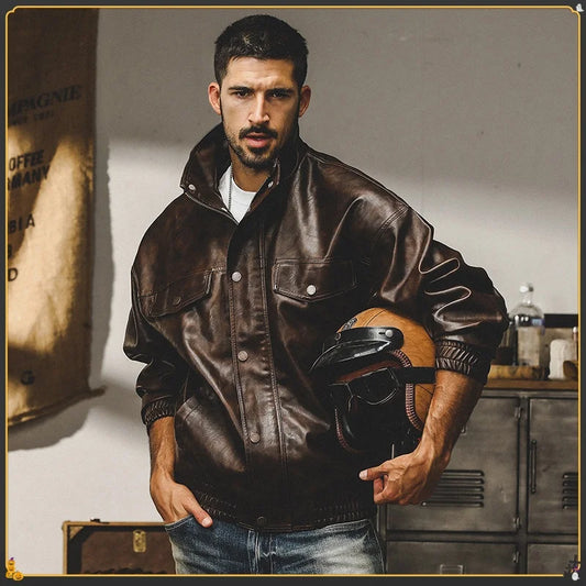 New Yun Ran Vintage Motorcycle Leather Jacket For Men Spring And Autumn Style American Retro Short Motorcycle Leather Jacket