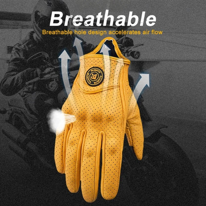 Retro Yellow Leather Motorcycle Gloves Men Women Breathable Perforated Motorbike Racing Gloves Touch Screen Motocross Moto Glove