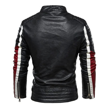 Color Stitching Stand-Collar Motorcycle Clothing Winter New Men Leather Men PU Leather Jacket Casual Fleece-Lined Outerwear