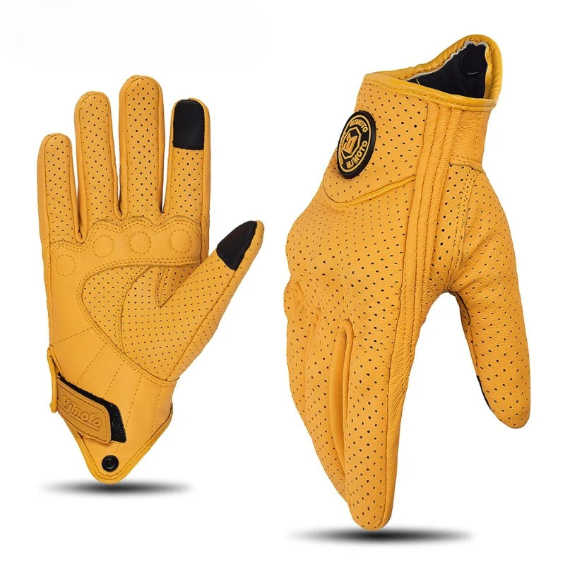 Retro Yellow Leather Motorcycle Gloves Men Women Breathable Perforated Motorbike Racing Gloves Touch Screen Motocross Moto Glove