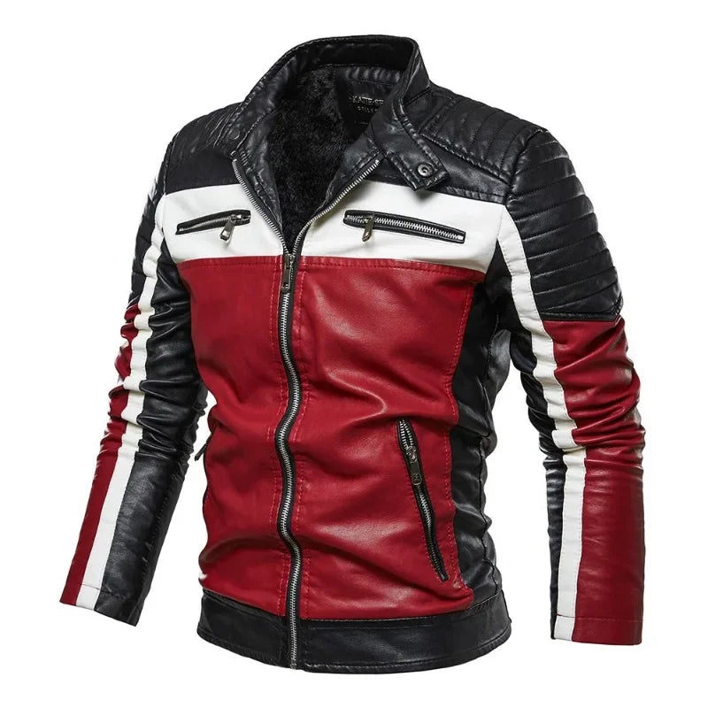 Color Stitching Stand-Collar Motorcycle Clothing Winter New Men Leather Men PU Leather Jacket Casual Fleece-Lined Outerwear