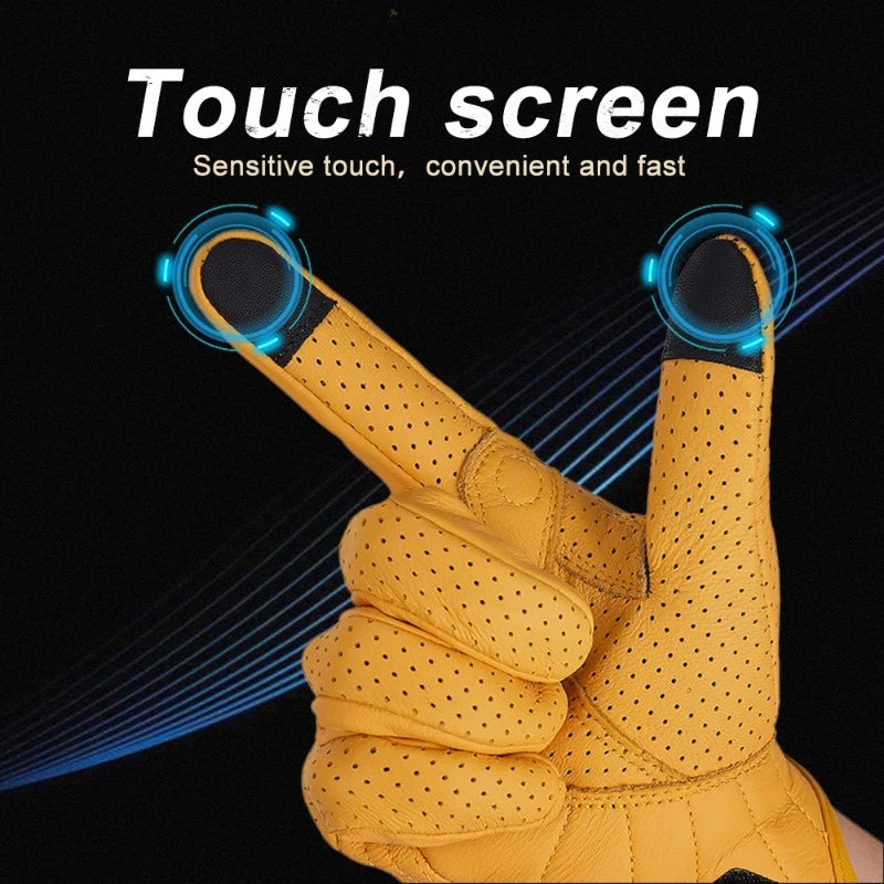 Retro Yellow Leather Motorcycle Gloves Men Women Breathable Perforated Motorbike Racing Gloves Touch Screen Motocross Moto Glove