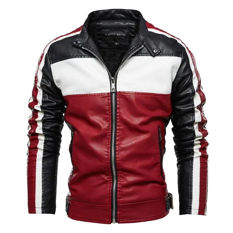 Color Stitching Stand-Collar Motorcycle Clothing Winter New Men Leather Men PU Leather Jacket Casual Fleece-Lined Outerwear